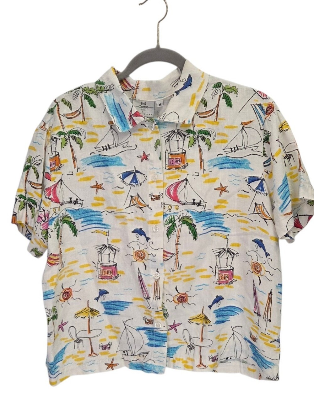 Vintage Hot Cotton By Marc Ware Linen Beach Coastal Button Shirt Size PM